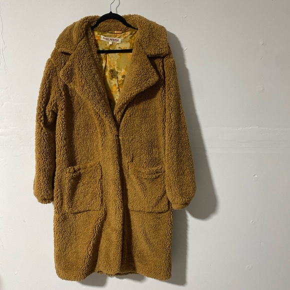 Free People Rare Mongolian Brown Faux Fur Shag Long Coat Floral Jacket Sz Small - Picture 2 of 9